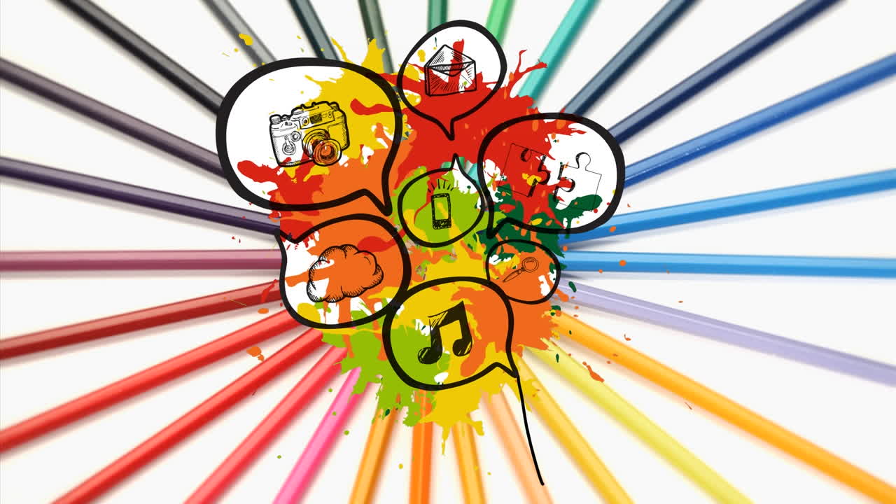 animación de iconos coloridos en burbuja de habla cómica