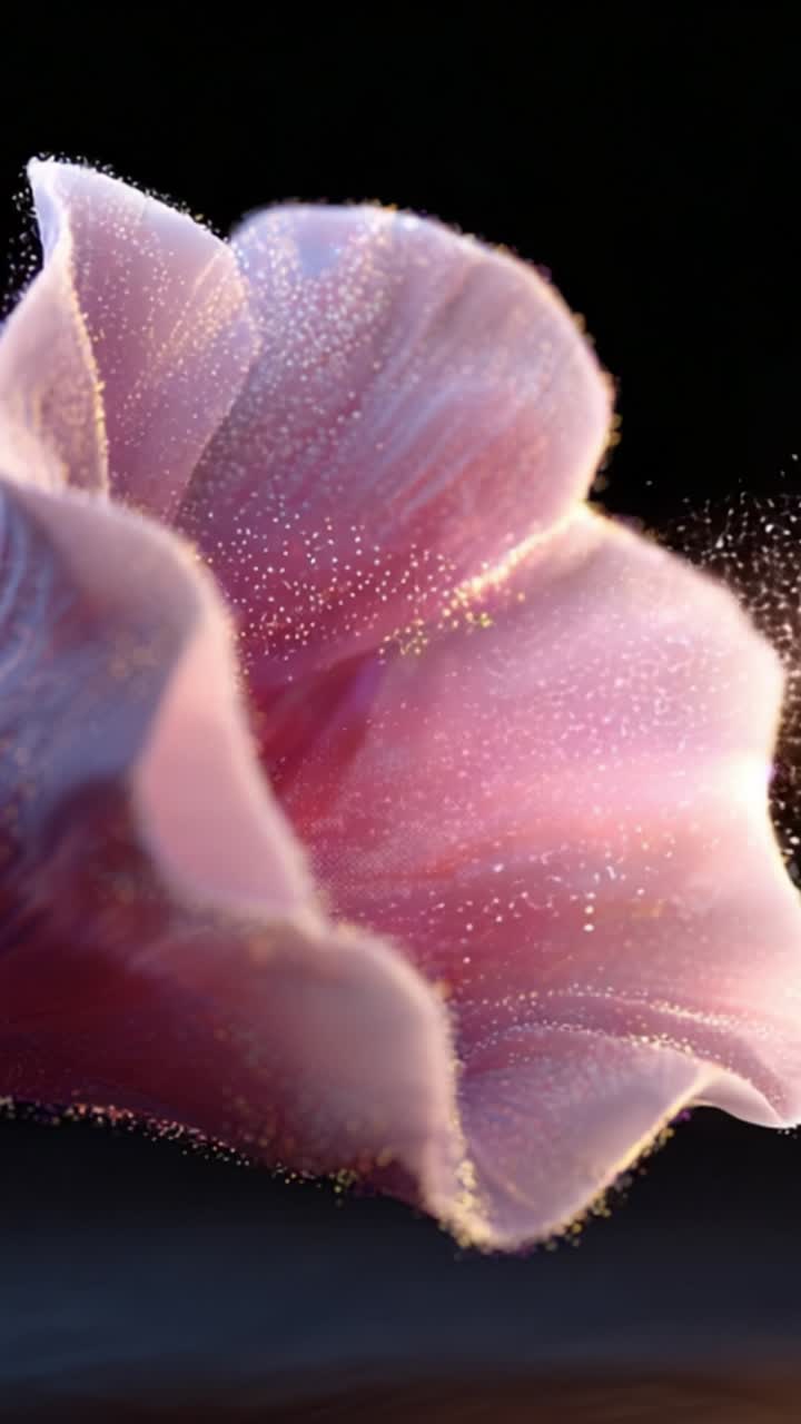 Primo Piano Mozzafiato di un Fiore Delicato con Particelle Scintillanti che Evocano Bellezza ed Eleganza su uno Sfondo Morbido e Scuro per un'Esperienza Visiva Straordinaria.