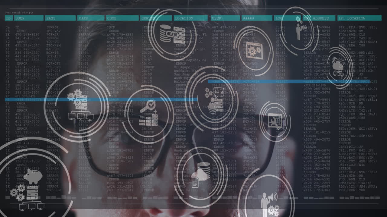 múltiples iconos digitales flotando sobre el hacker masculino contra el procesamiento de datos en fondo negro