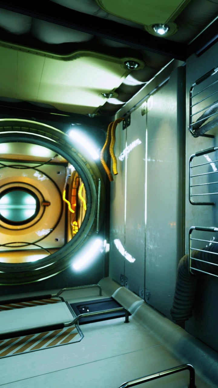 Interior of a futuristic space station module with lights and equipment