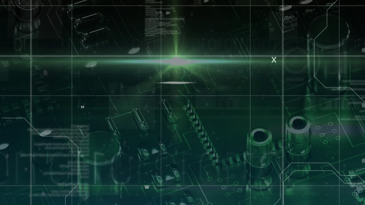 검은 바탕에 있는 마이크로프로세서 연결에 대한 빛과 데이터 처리 스 ⁇