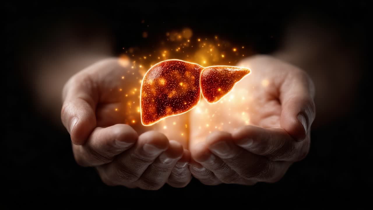 A Radiant Representation of the Human Liver: Symbolizing Health and Vitality with Hands Cradling a Glowing, Artistic Liver Model Surrounded by Sparkling Lights