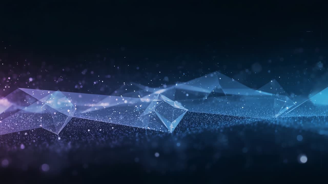Looping lowpoly mesh undulating in studio, showing particles, purple cyan gradient, vertex glints