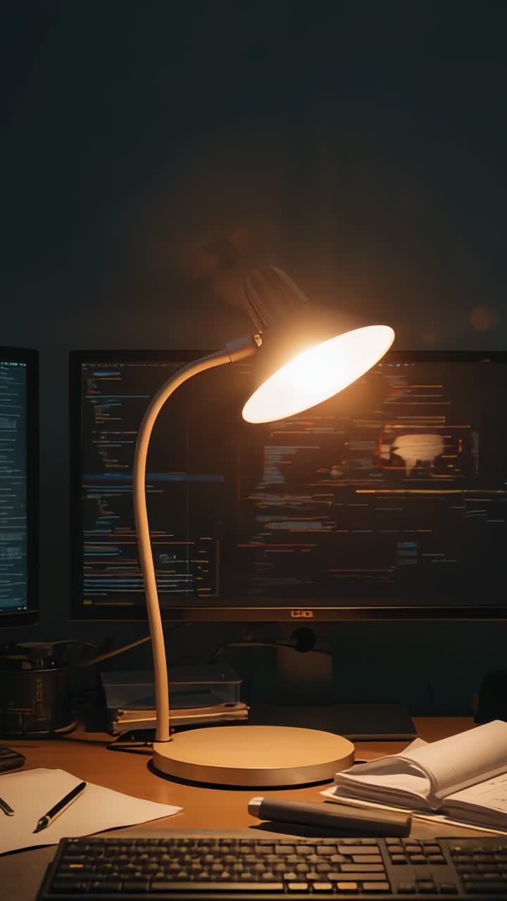 Vertical video: Switching on desk lamp, tilting head and casting warm light for coding on monitors