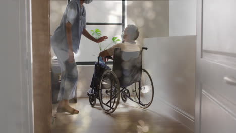 animación de bokeh sobre diversos médicos y pacientes sentados en silla de ruedas