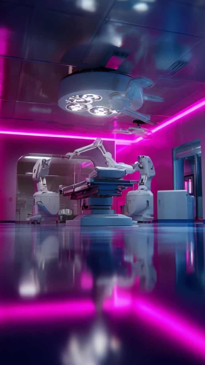 Sala operatoria medica futuristica con robotica avanzata e illuminazione al neon, che mostra un ambiente chirurgico high-tech progettato per le moderne pratiche sanitarie