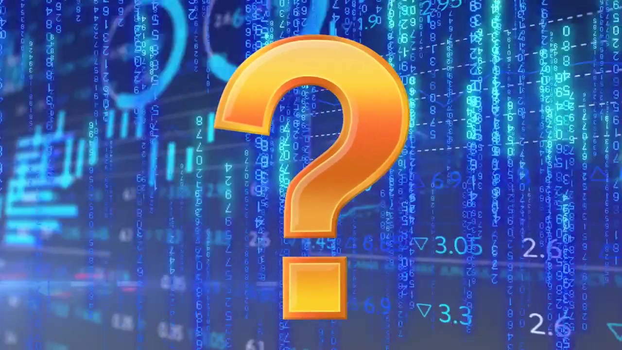 Numeric streams rising, orange 3D question mark entering, centering and flagging market doubt