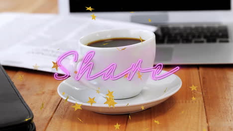 white ceramic coffee cup sitting on wooden desk, highlighting neon share overlay and golden stars