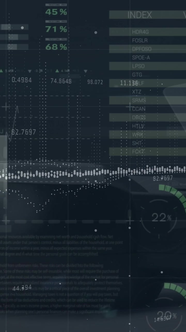 Animation of financial data and statistics over caucasian man paying with card at payment terminal