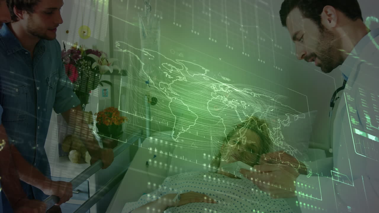 animação de processamento de dados e mapa mundial sobre diversos médicos do sexo masculino e pacientes do sexo feminino