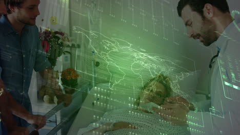 Animation of data processing and world map over diverse male doctors and female patient