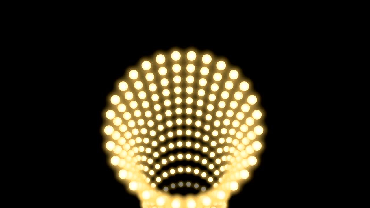 터널 불빛 전구 상자 프레임 원 모양 움직이는 패턴, 레트로 3d 가상 스타일 일러스트레이션 어두운 배경에서 빛나는 원활한 루핑 애니메이션 4k, 복사 공간