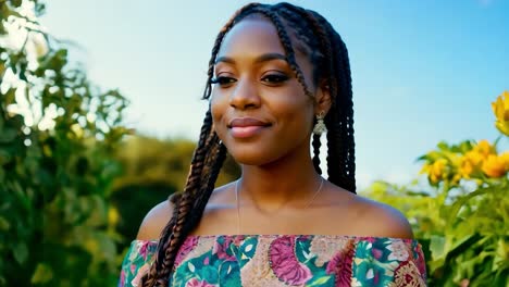 smiling black woman in floral dress