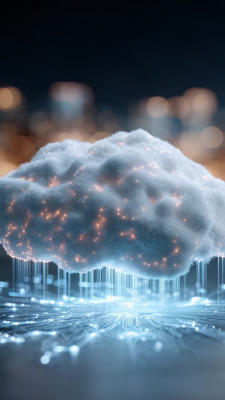A Stunning Visual of a Digitally Enhanced Cloud, Emitting Sparkling Lights and Surrounded by a Modern Tech Environment, Showcasing the Intersection of Nature and Technology