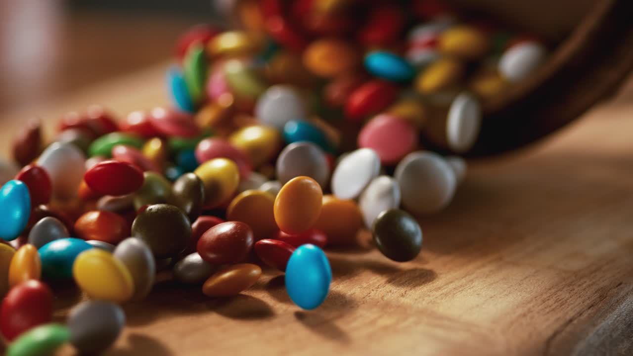 bolas de caramelo multicolores y un piso de árbol pasan delante de la cámara.