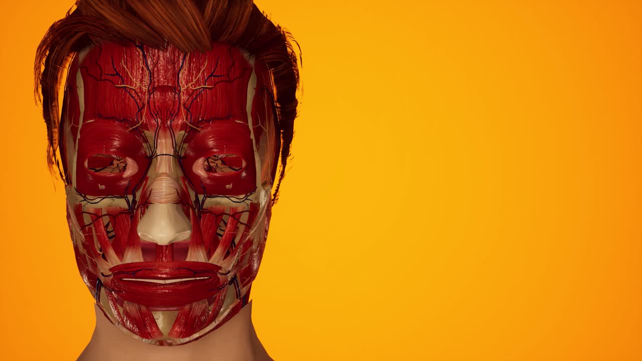 animación 3d anatómica del cuerpo femenino. estructura muscular y vascular debajo de la piel. anatomía facial.