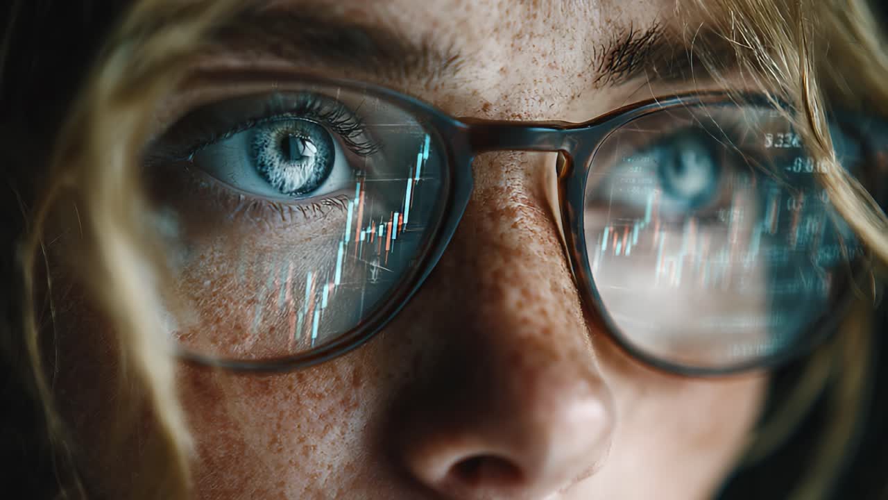 A Close-Up Look at Determination: Engaging Eyes Behind Glasses Reflecting Market Trends and Data Analytics for Financial Insights