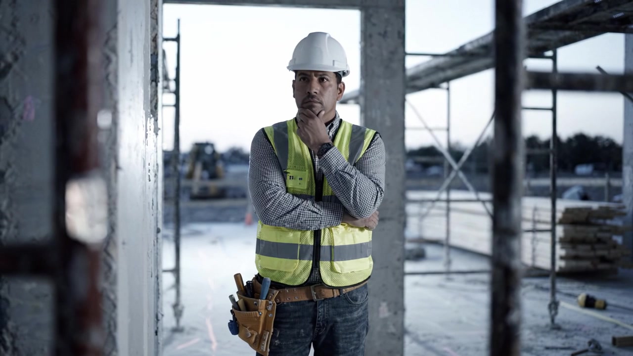 A Construction Worker Reflects on His Project While Wearing Safety Gear and Standing Near a Scaffold with Tools Ready for the Next Task in Progress