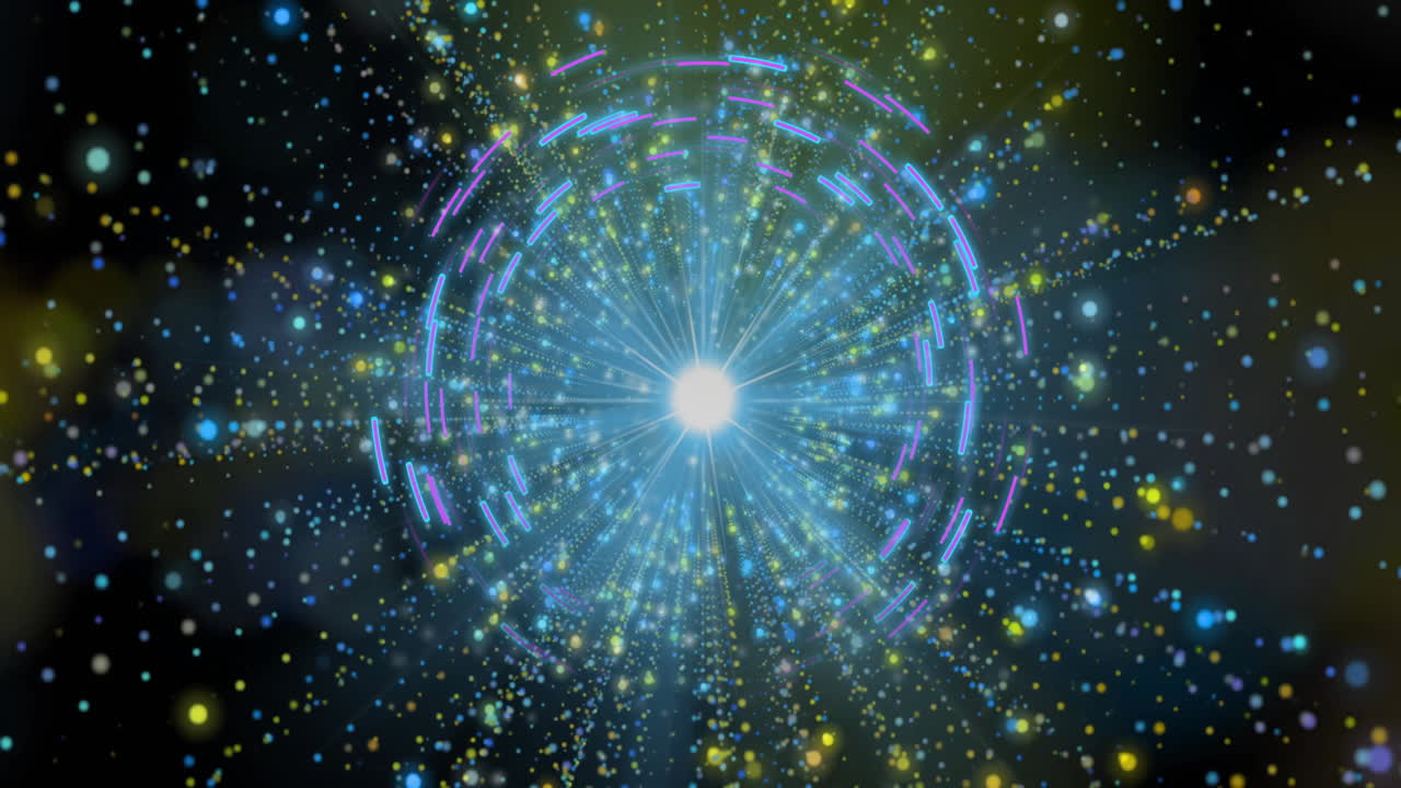 Animation of colorful particles radiating in circular patterns in space