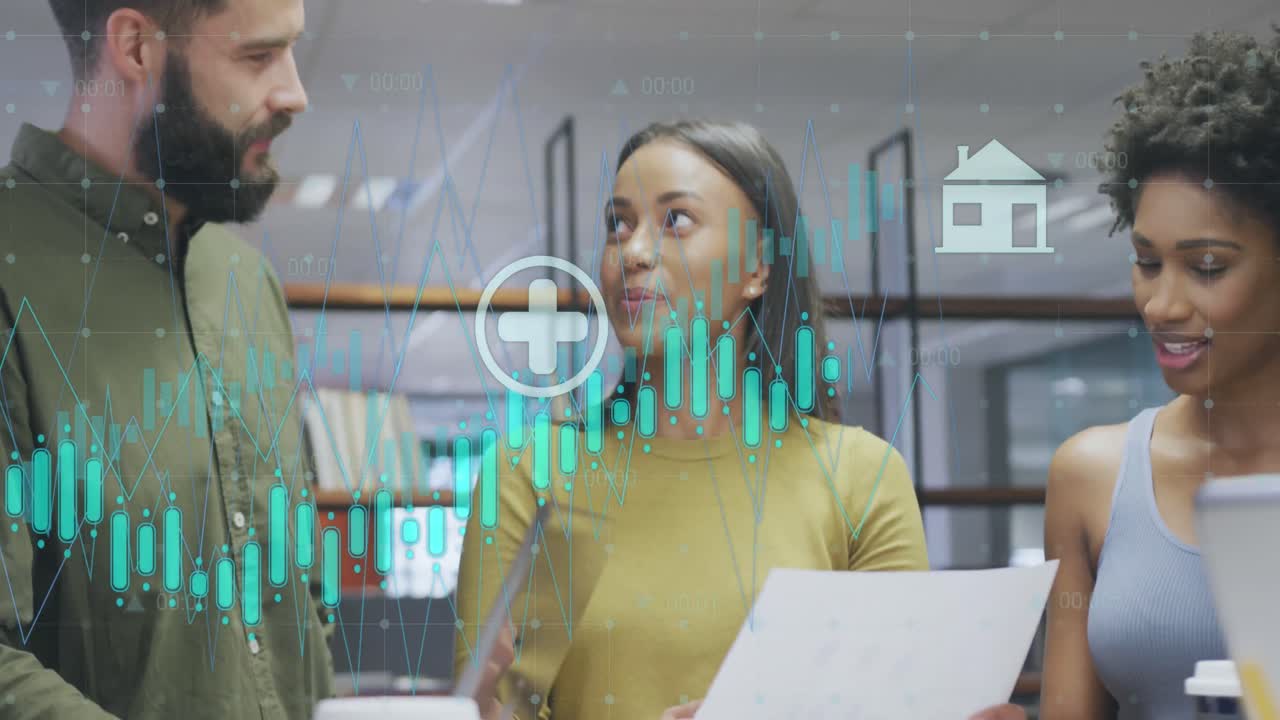 animación del procesamiento de datos sobre diversas personas de negocios que trabajan en la oficina