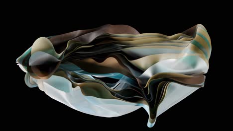 3d render, abstract black background with folded textile layers levitating, wallpaper with waving drapery