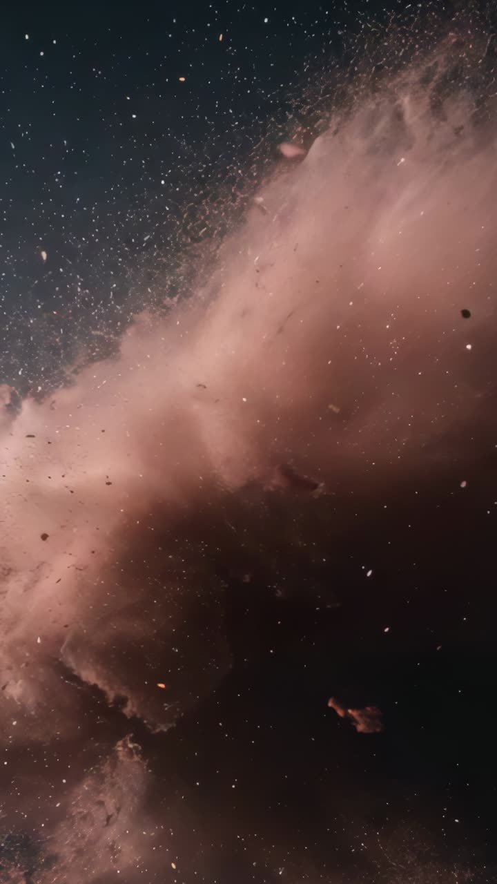 Vertical video: Erupting plume sending pink powder cloud across black starry backdrop, with crests