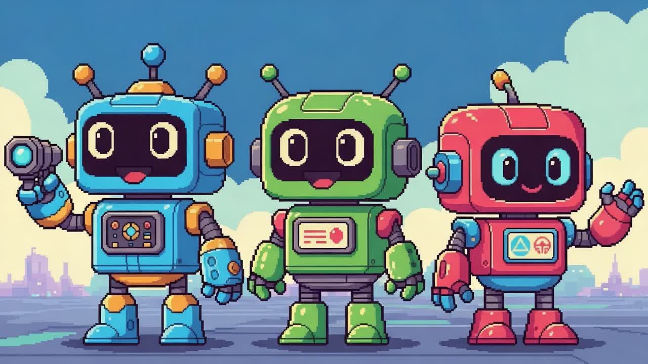 A Colorful Trio of Playful Robots in a Retro Pixel Art Style, Showcasing Friendship and Fun With Vibrant Designs Against a Sunny Landscape