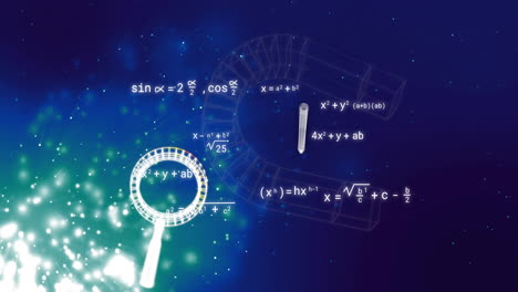 mathematical equations and magnifying glass animation over abstract blue background