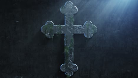 high quality dramatic motion graphic of an ornate crucifix cross icon symbol, rapidly eroding and cracking and sprouting moss and weeds, with atmospheric light rays and dust motes