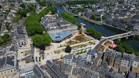 laval, france, modern place du 11 novembre, mayenne river, bridges, carousel. aerial drone backward
