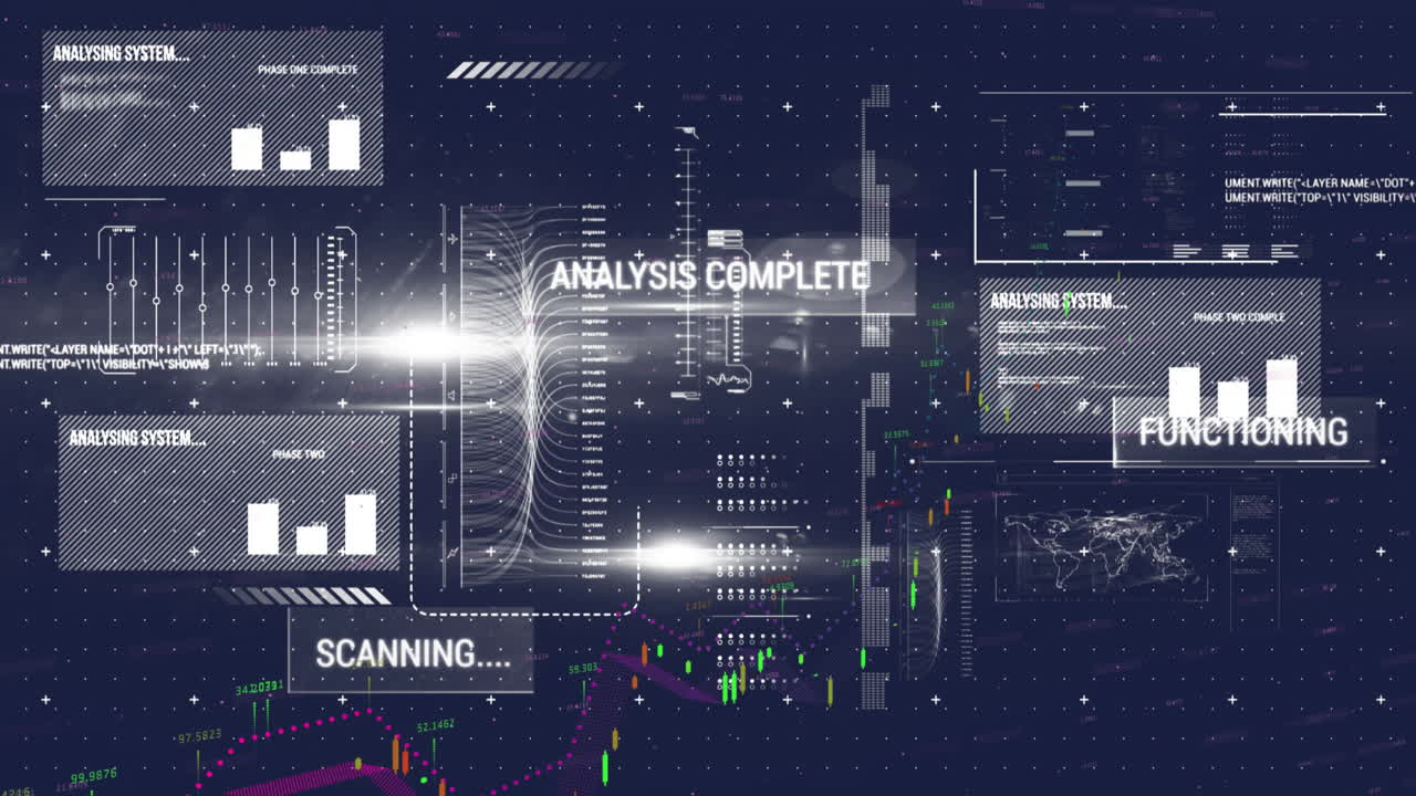 Animation of financial data processing over blue background
