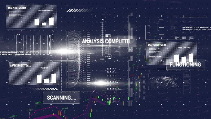 Animation of financial data processing over blue background