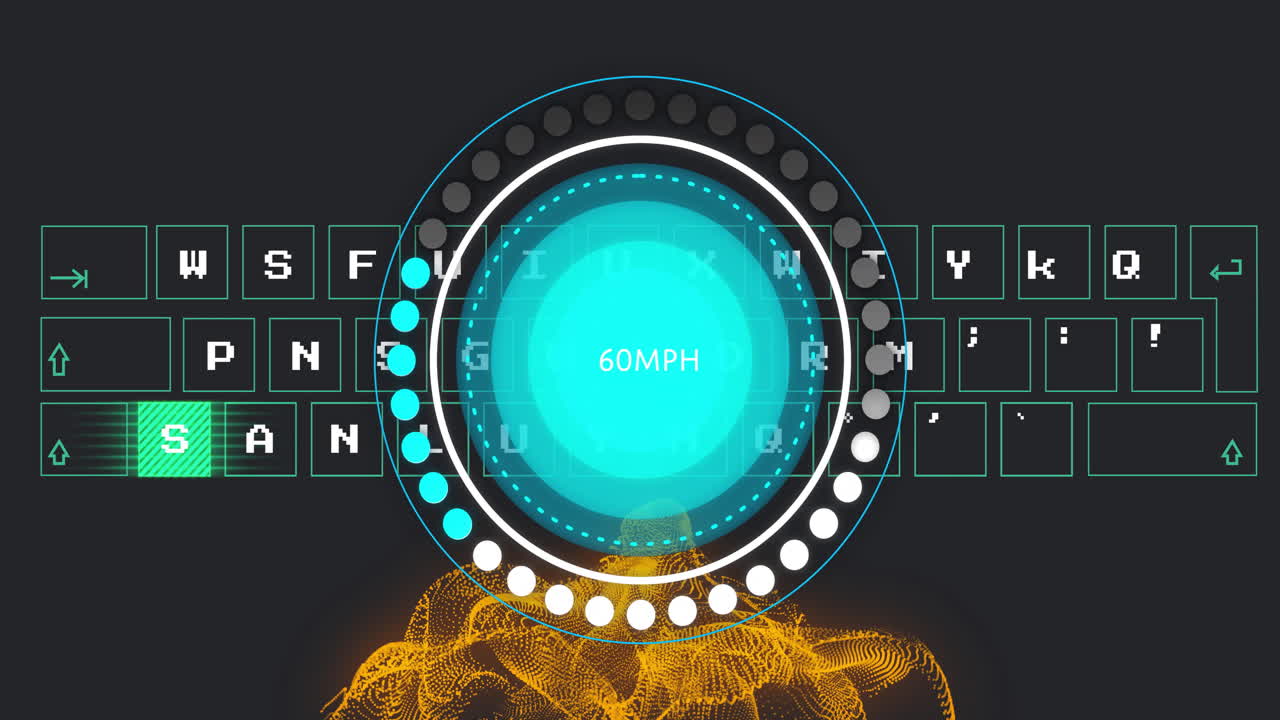 Speedometer showing 60MPH animation over digital keyboard and abstract orange waves