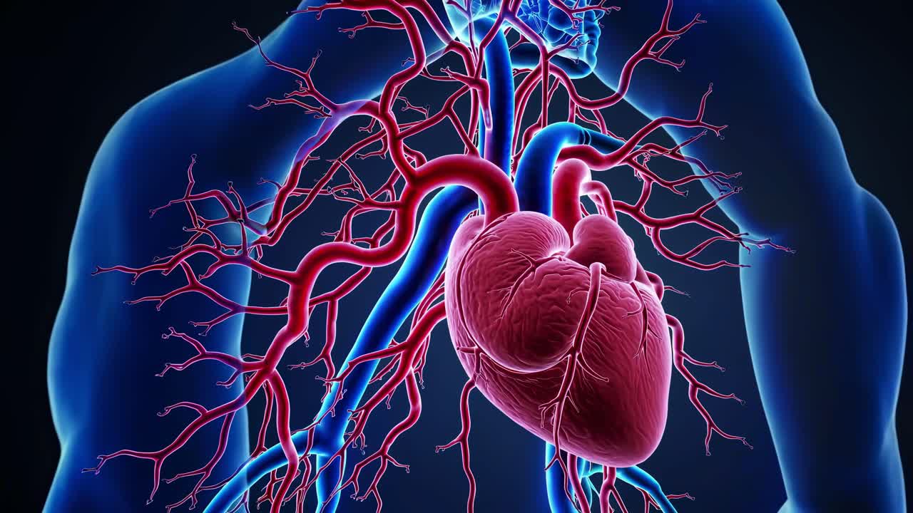 Illustrazione 3D di un cuore umano con arterie e vene. Il cuore è centrale, con arterie rosse