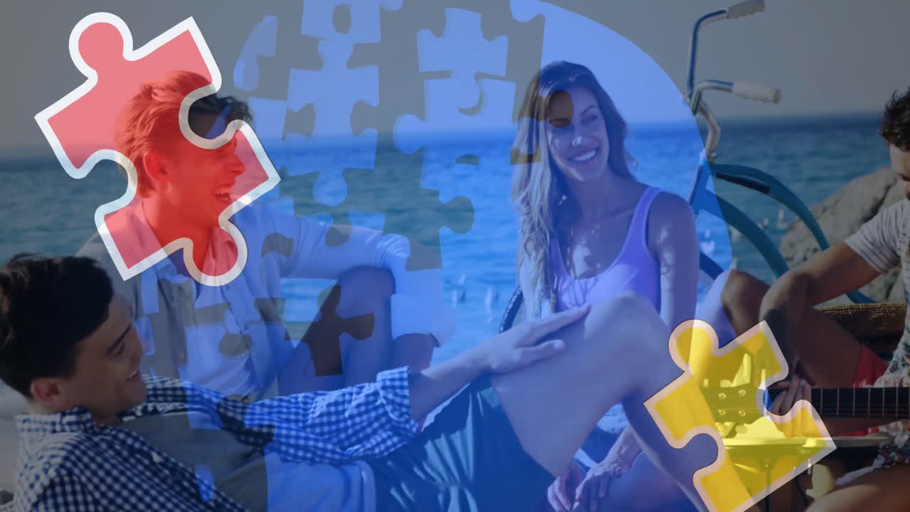 animación de coloridas piezas de rompecabezas y cabeza humana sobre amigos felices en la fiesta de playa de verano