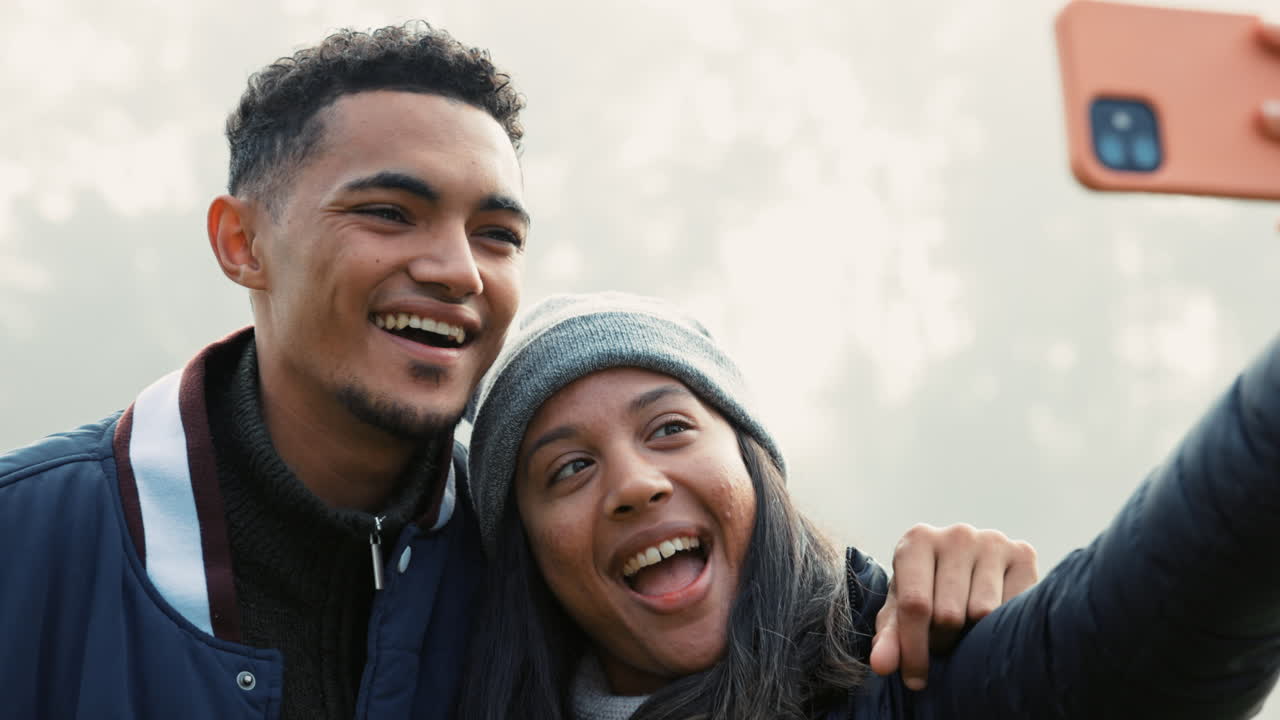 Selfie, love and a couple hiking in nature