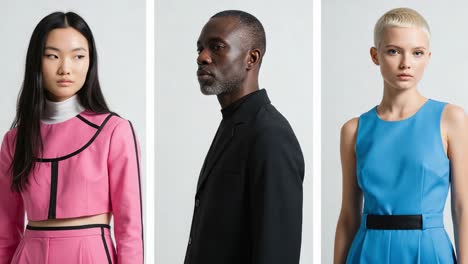 a fashion showcase featuring three distinct models in elegant attire, capturing unique styles and expressions in an artistic presentation of modern clothing trends