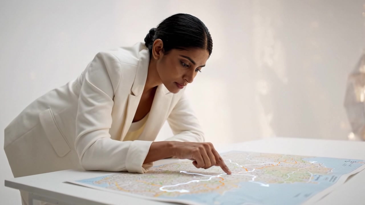 En professionel kvinde undersøger et detaljeret kort, fokuserer intenst, mens hun sporer ruter og destinationer, hvilket fremhæver hendes engagement i geografisk udforskning
