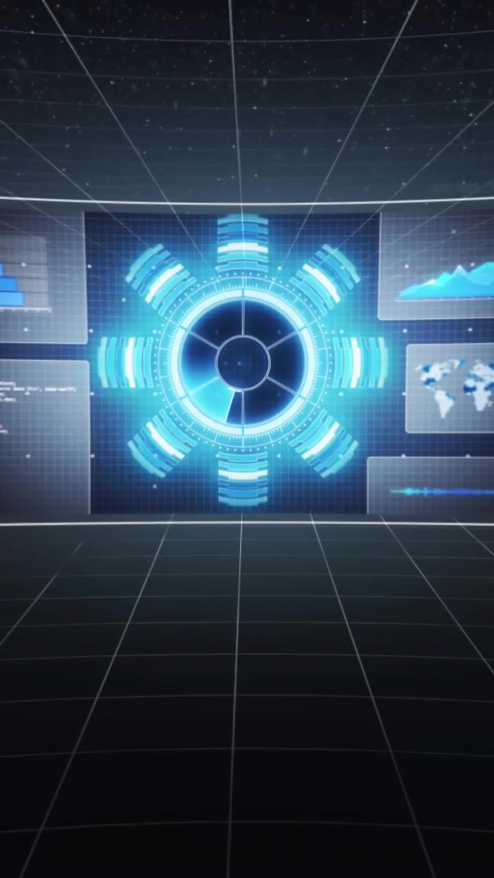 Animation of infographic interfaces and programming language against black background
