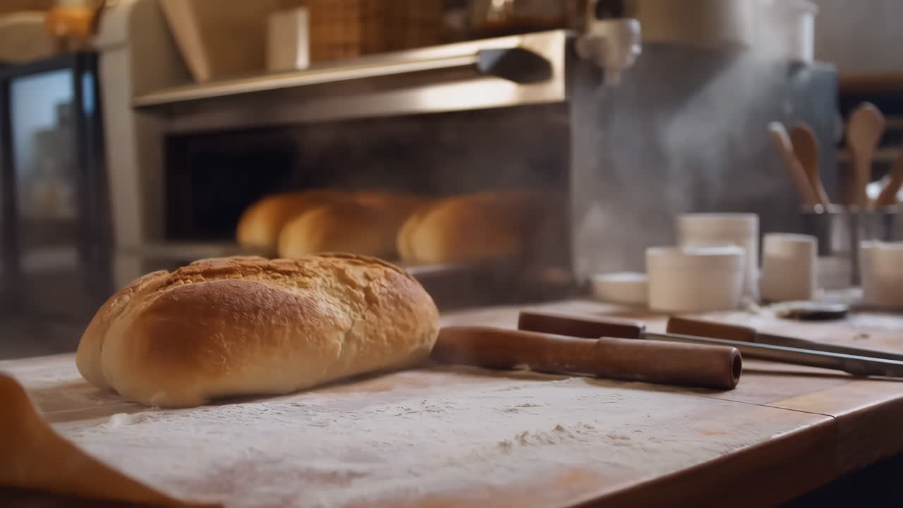 Freshly Baked Bread on a Floured Countertop with a Baker Working in the Background