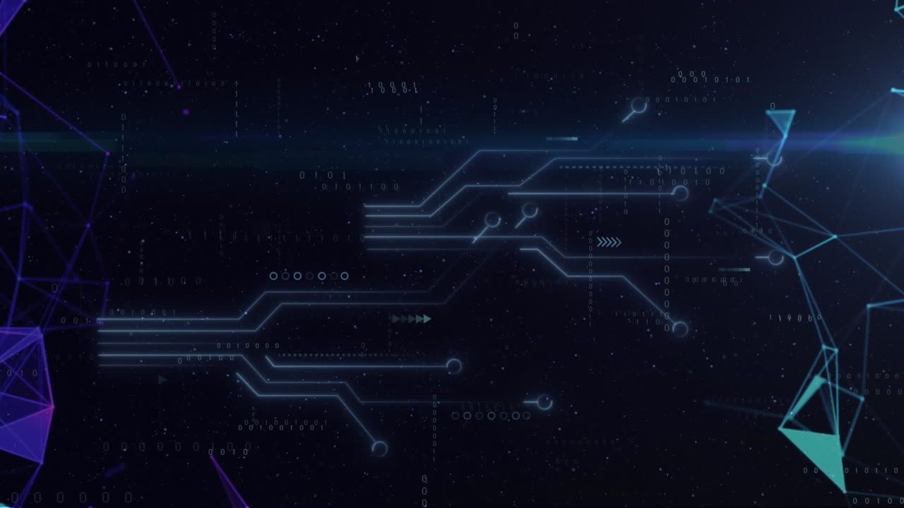 Animation of circuit board pattern and lens flares with connected dots over black background