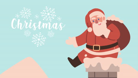 happy merry christmas lettering with santa in chimney