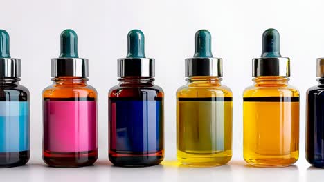 a row of colorful glass bottles with droppers on a white surface