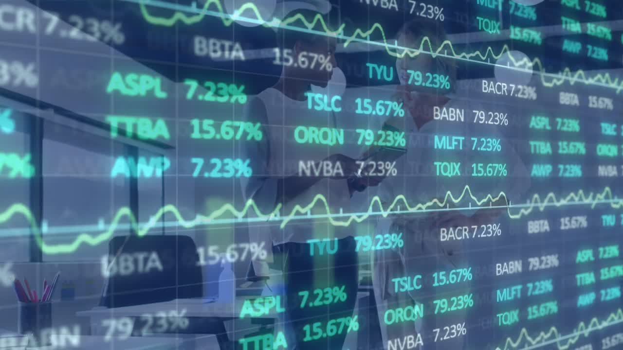 Animation of financial data and graphs over diverse female coworkers in office