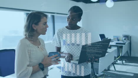 Animation of financial data processing over diverse female colleagues using laptop at office