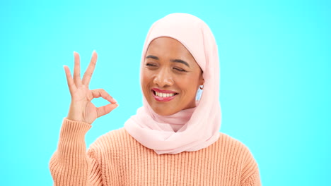 Muslim-woman,-ok-sign-and-smile-on-face-with-hand