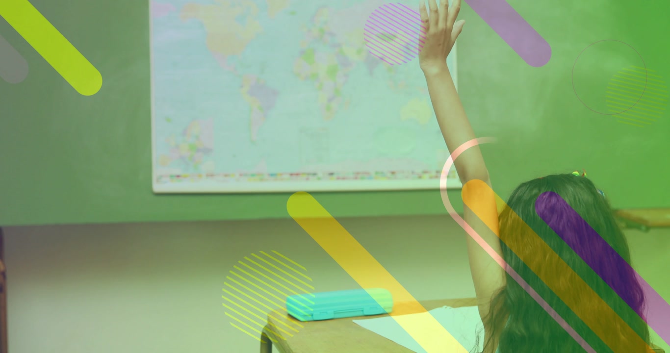 Girl student raising hand to answer in classroom, graphic overlays moving across and obscuring hand