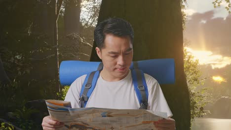 smiling hiker with map in forest at sunrise