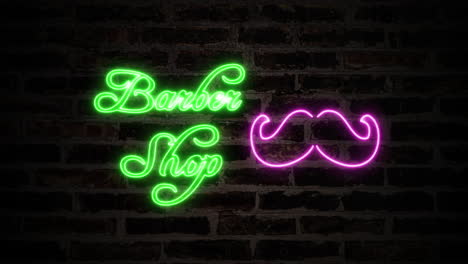 a fancy flickering neon sign, hanging from a brick wall, showing a pink shape of a moustache beard and a green text, barber shop