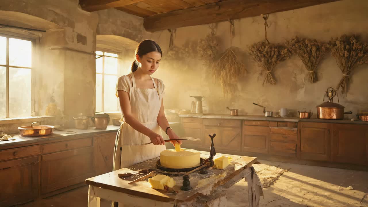 A woman preparing cheese in a rustic kitchen